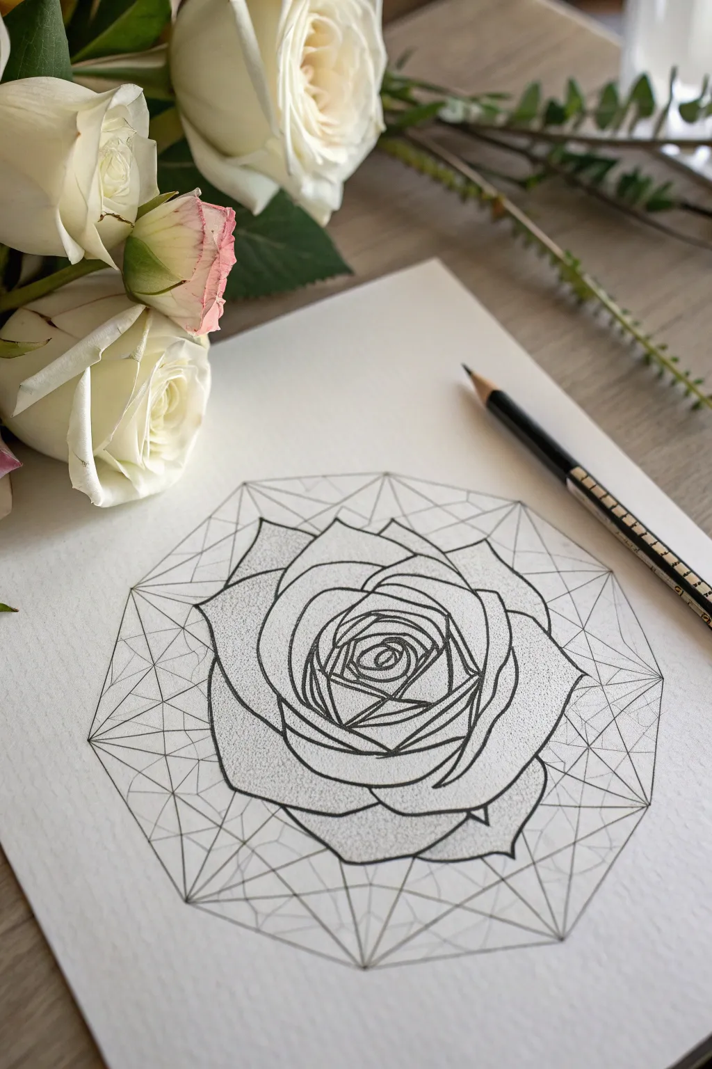 Faceted geometric rose sketch inspiration in clean Scandinavian style, bold lines and calm space.