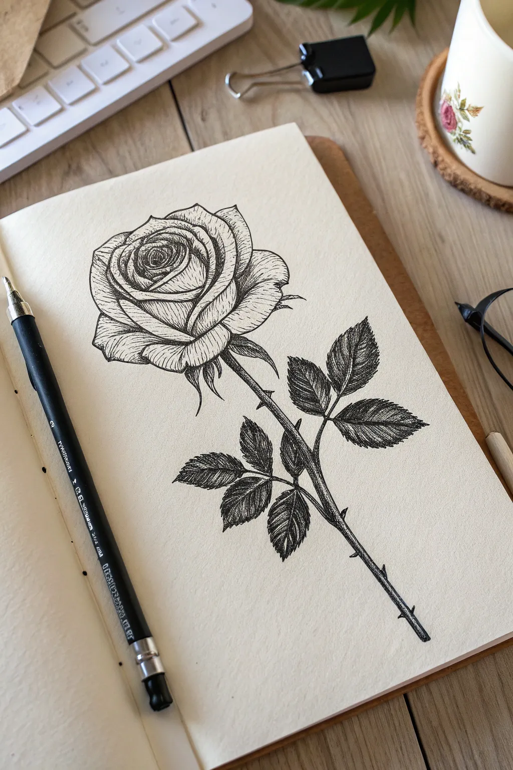Crosshatched rose with bold linework that wraps petals for depth, strength, and calm focus