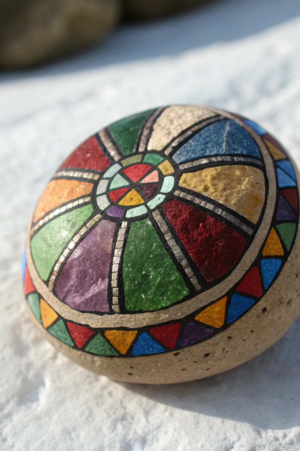 Stained glass mosaic rock with jewel tones and bold lines for an easy round painting idea.