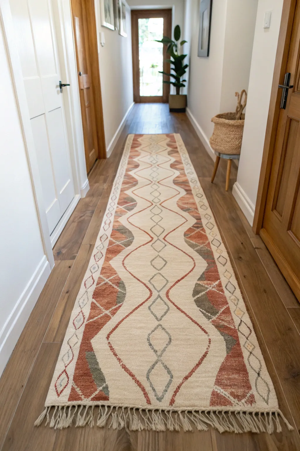 Painted runner rug with loose abstract brushstrokes for a calm Scandinavian boho hallway