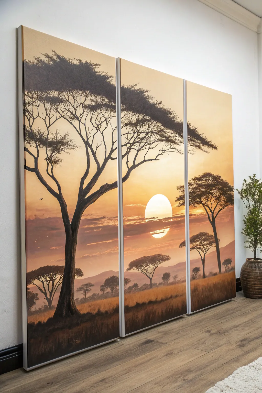 Minimalist safari triptych: a seamless savannah panorama with sun, acacia, and silhouettes