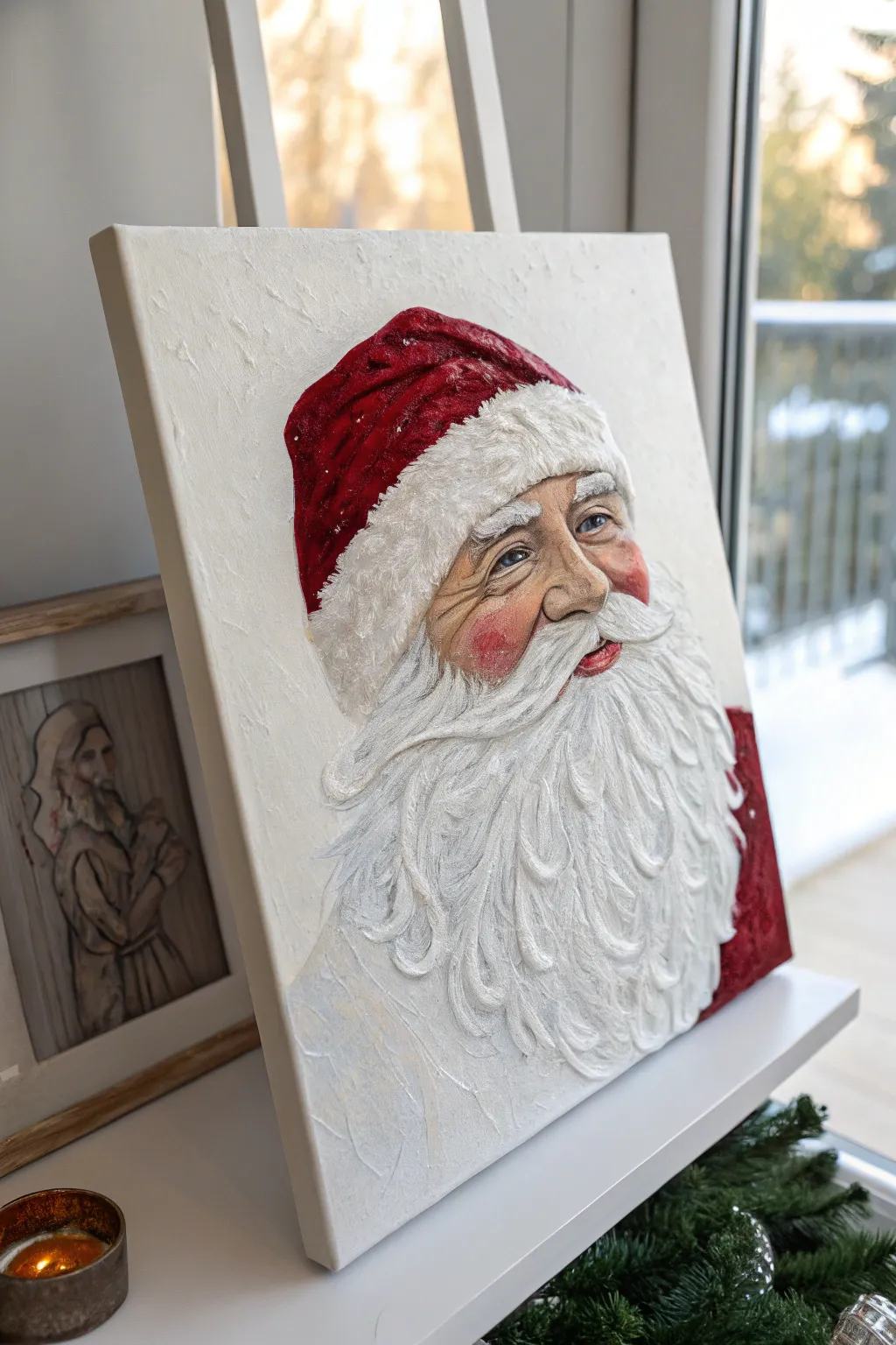 Chunky palette-knife Santa close-up with snowy impasto texture in calm minimalist tones