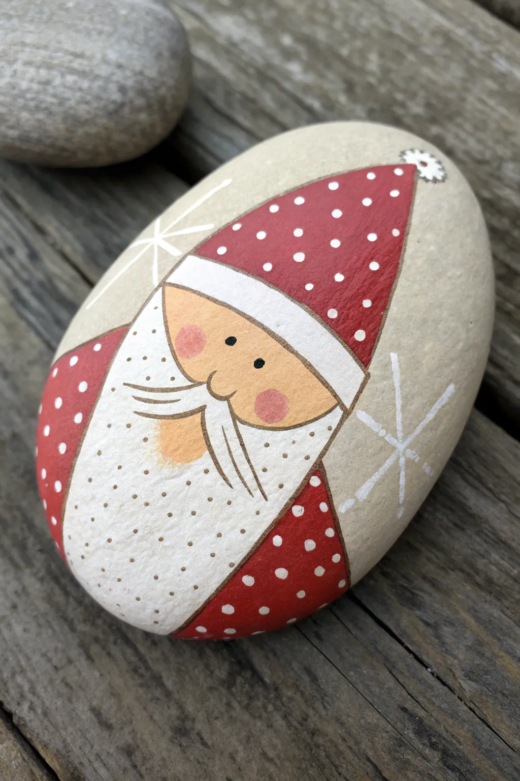 Abstract polka dot Santa rock in a minimalist Nordic palette, clean lines and cozy boho charm.