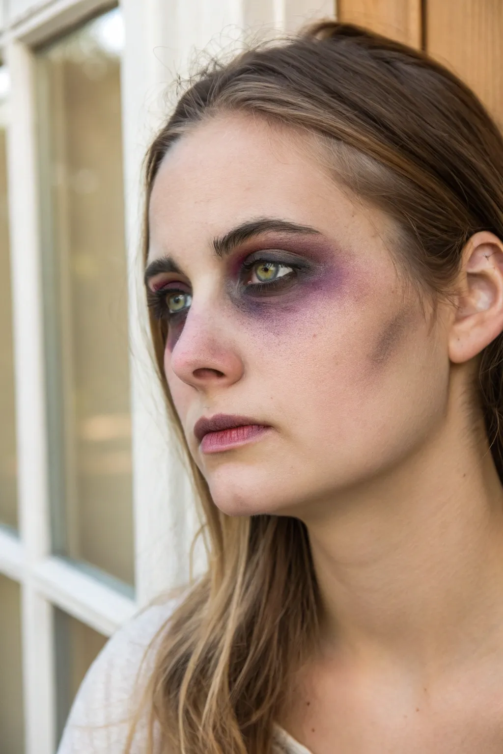 Bruised undead cheek shadow: smudgy dark hollows and purple-red bruising, easy and spooky.