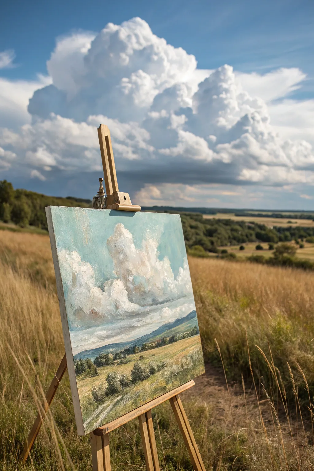 Palette knife impasto clouds and fields—simple sky-and-land scene with bold, chunky texture.