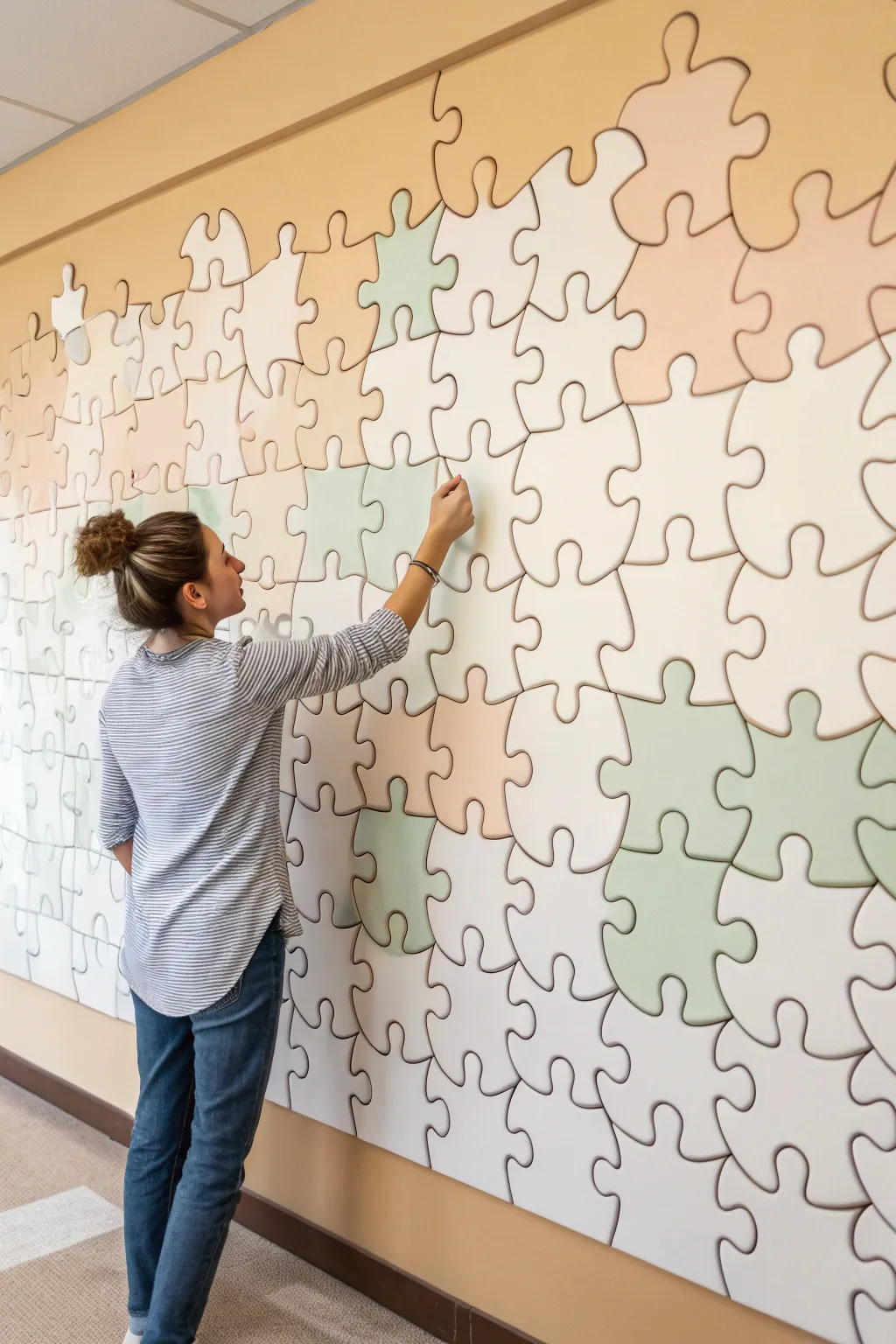 Blank puzzle-piece mural with a bold contrast cluster, ready for seniors to personalize.