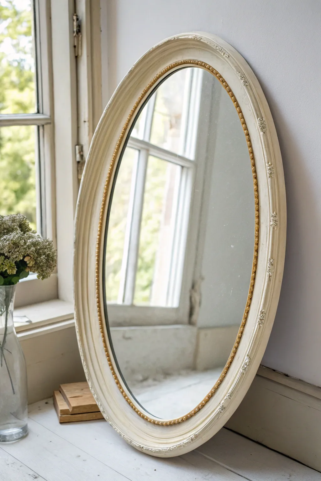 Softly worn gilded edges add vintage sparkle to a calm, minimalist shabby chic mirror.