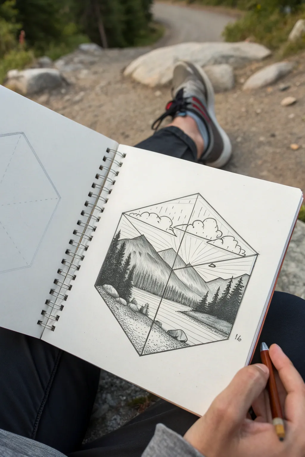 Landscape inside a cube: simple pencil shading with strong structure and soft atmospheric depth