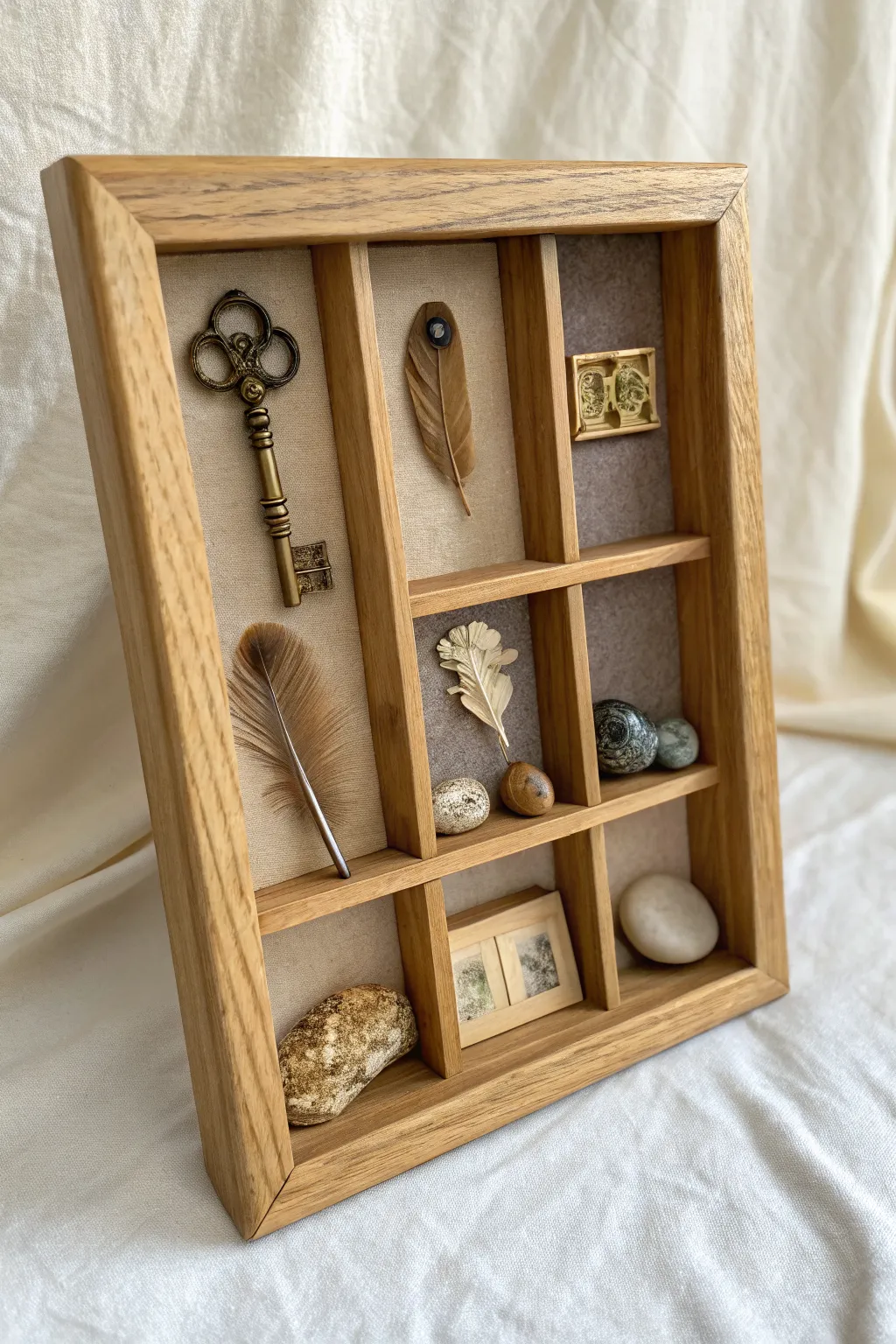 Found-object story shadow box with tiny treasures in calm boho compartments, ready to inspire.