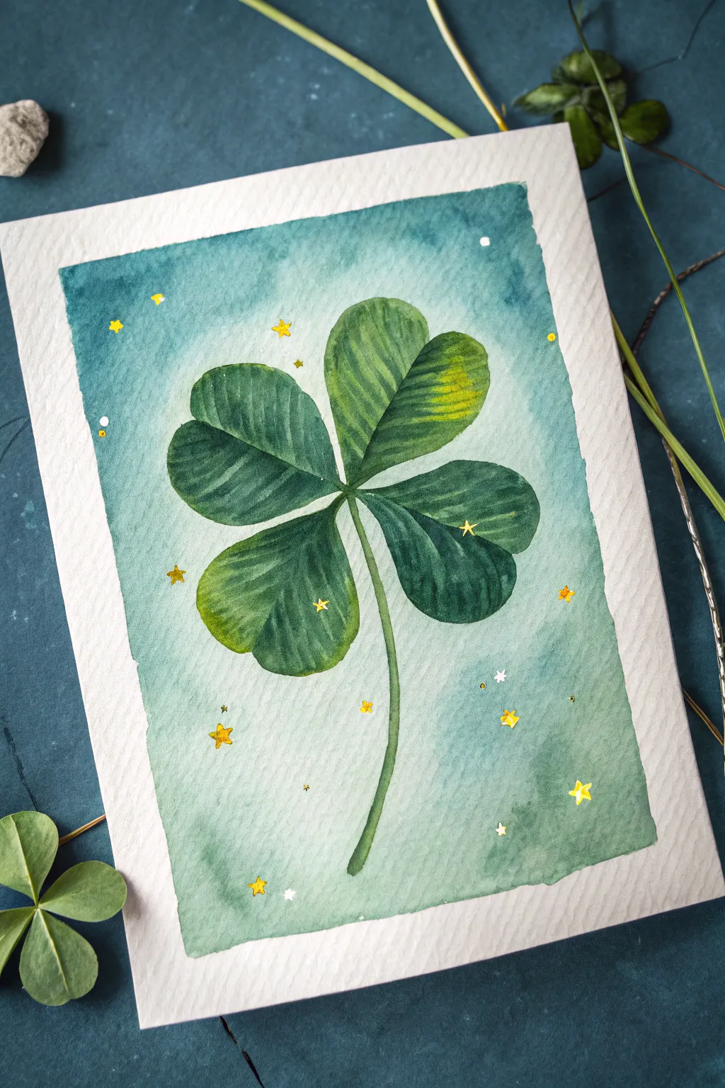Paint a glowing dusk shamrock with tiny firefly lights for a calm, magical evening scene
