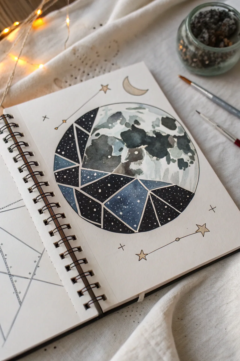 Shattered moon drawing idea with geometric shards and bright star highlights for a minimalist cosmic mood
