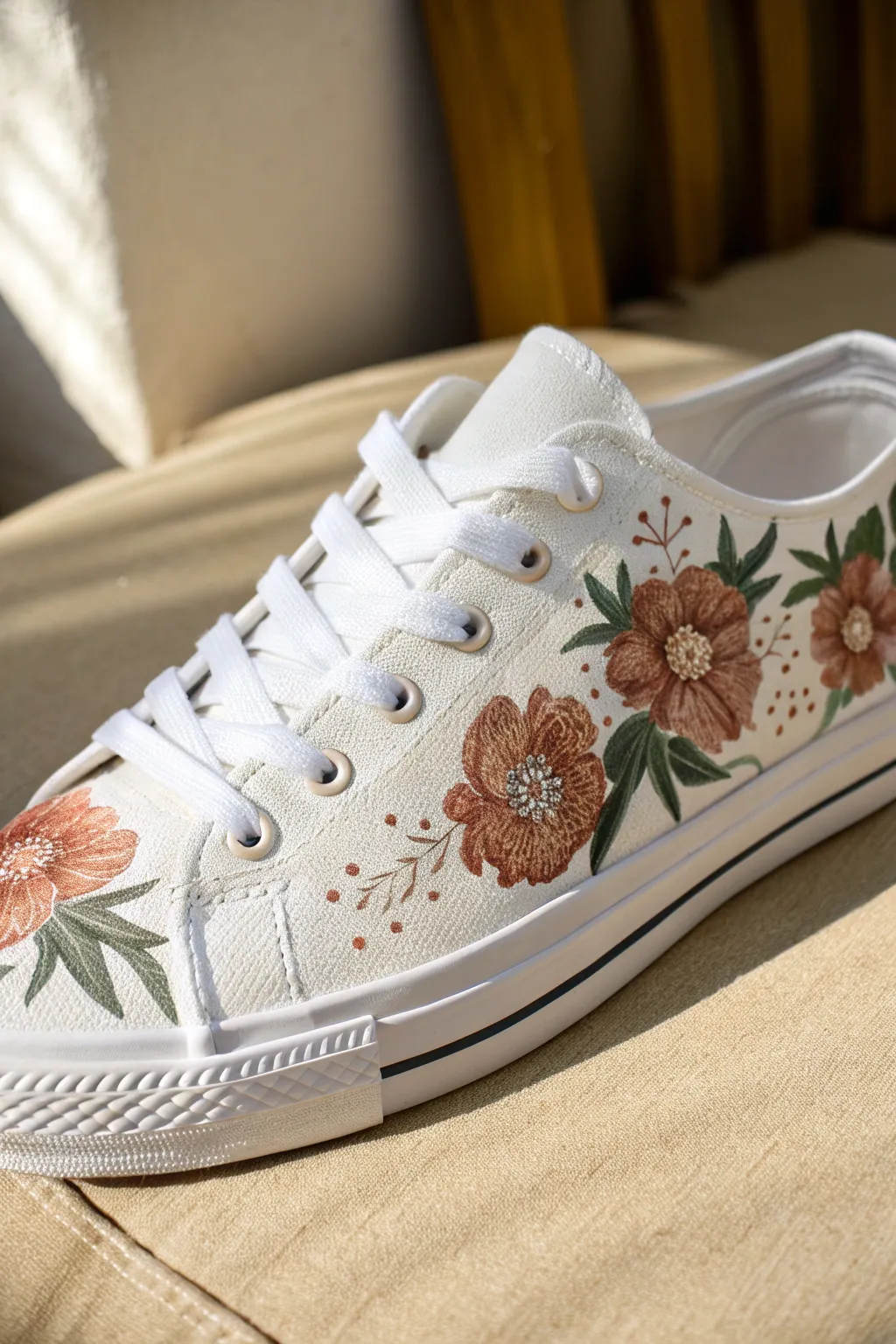 Stippled grit and thick-paint petals bring tactile depth to a clean, minimalist sneaker.