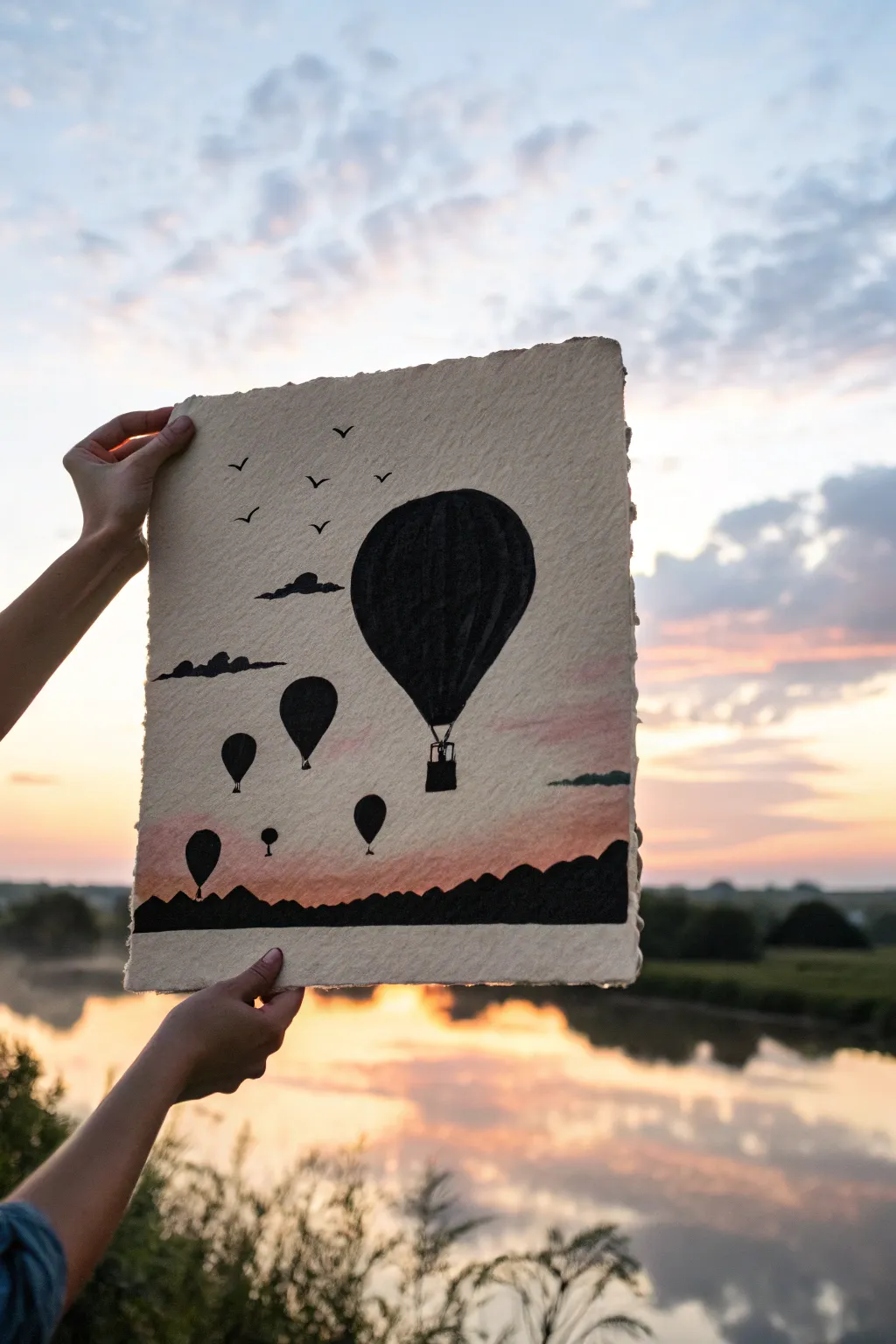 Minimal hot air balloon silhouettes floating through a calm sunrise gradient sky