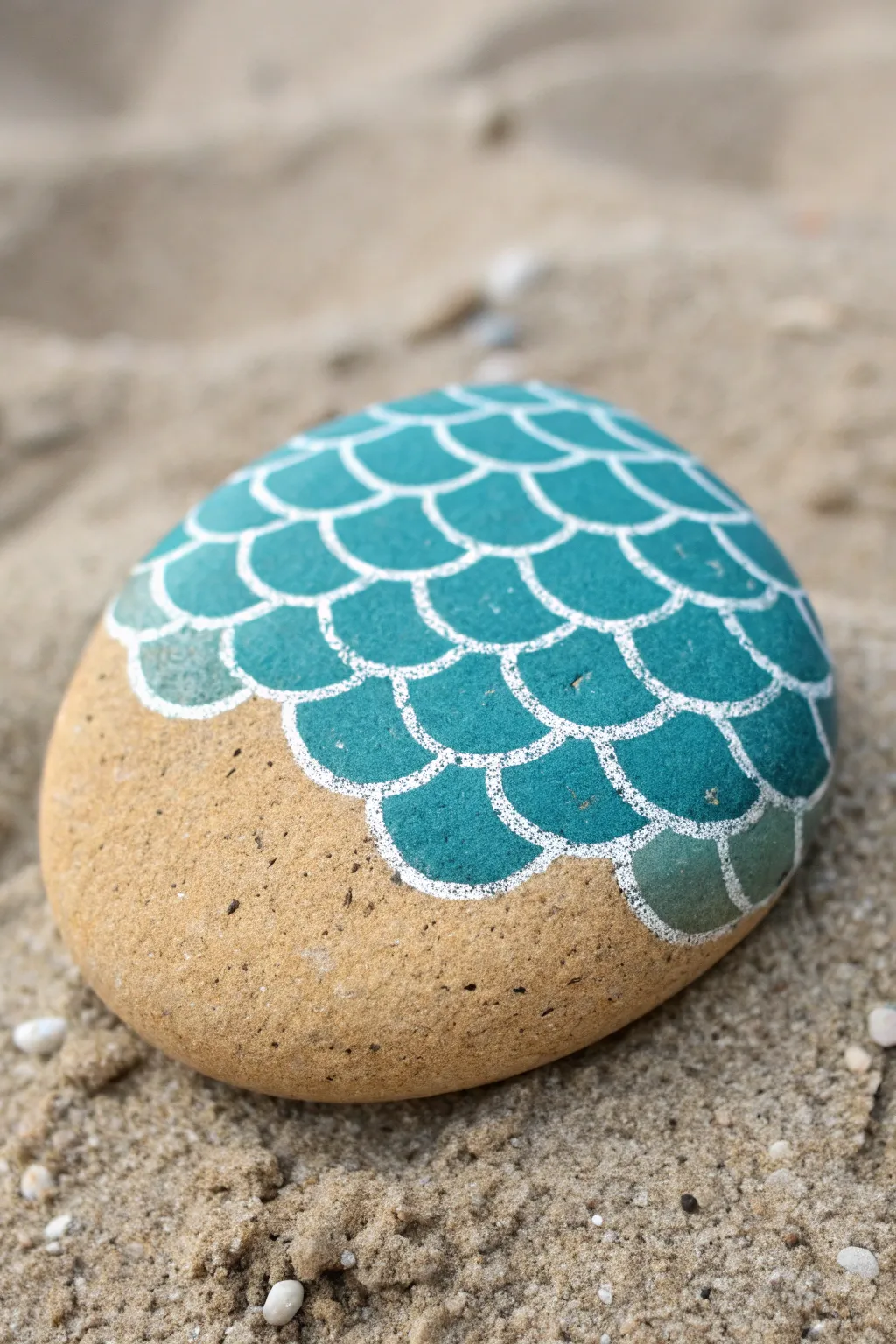 Minimal mermaid-scale shoreline rock with soft teal gradient and clean beach border