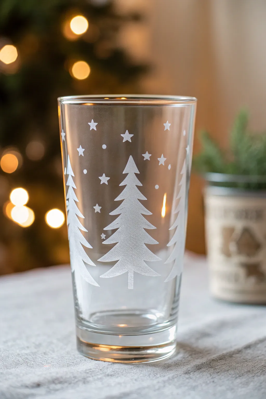 Frosted glass with crisp negative space tree, glowing softly with warm backlight.