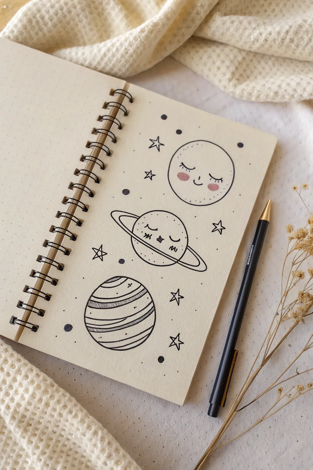 Minimal space doodle of cute ringed planets with sweet faces, clean lines and soft pastel contrast