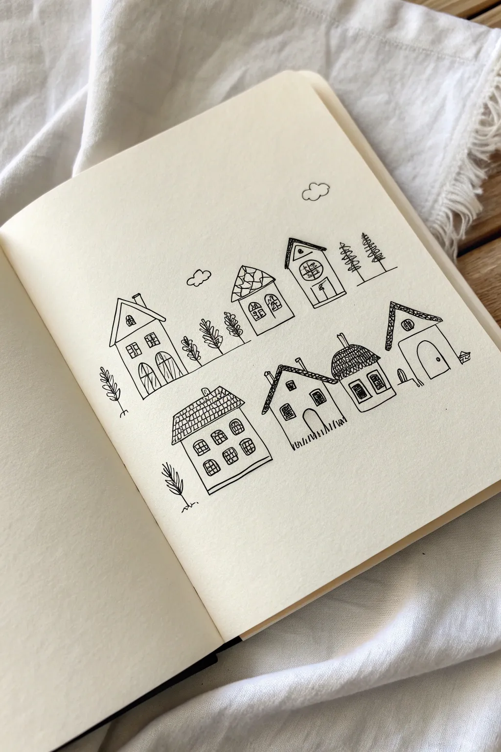 Mini house and window doodles in clean black line art for an easy, charming neighborhood sketch.