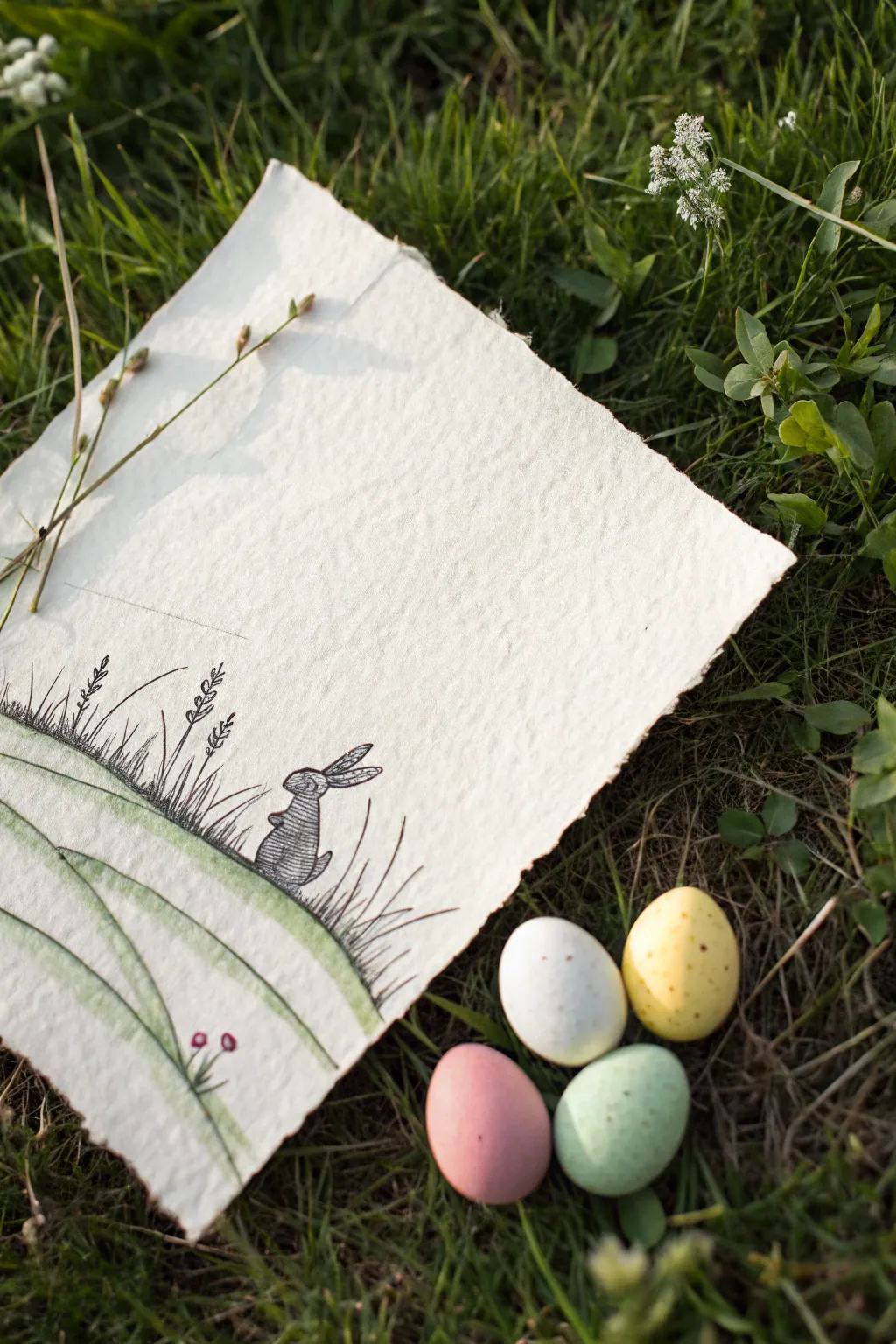 Minimal egg hunt sketch: a tiny bunny silhouette and hidden eggs on a simple grassy hill.