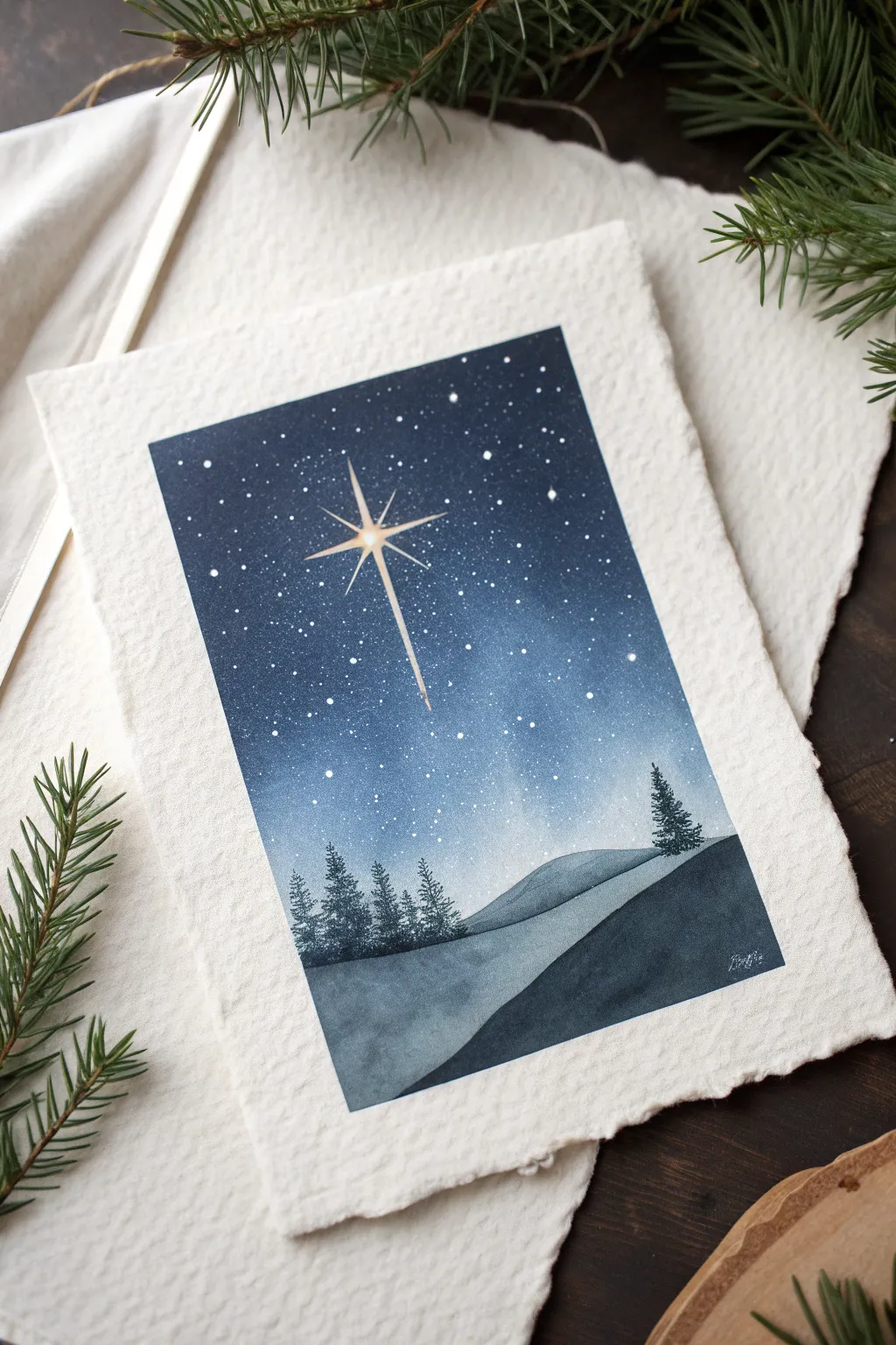 Minimalist Christmas star over a quiet hill, easy to paint and beautifully serene