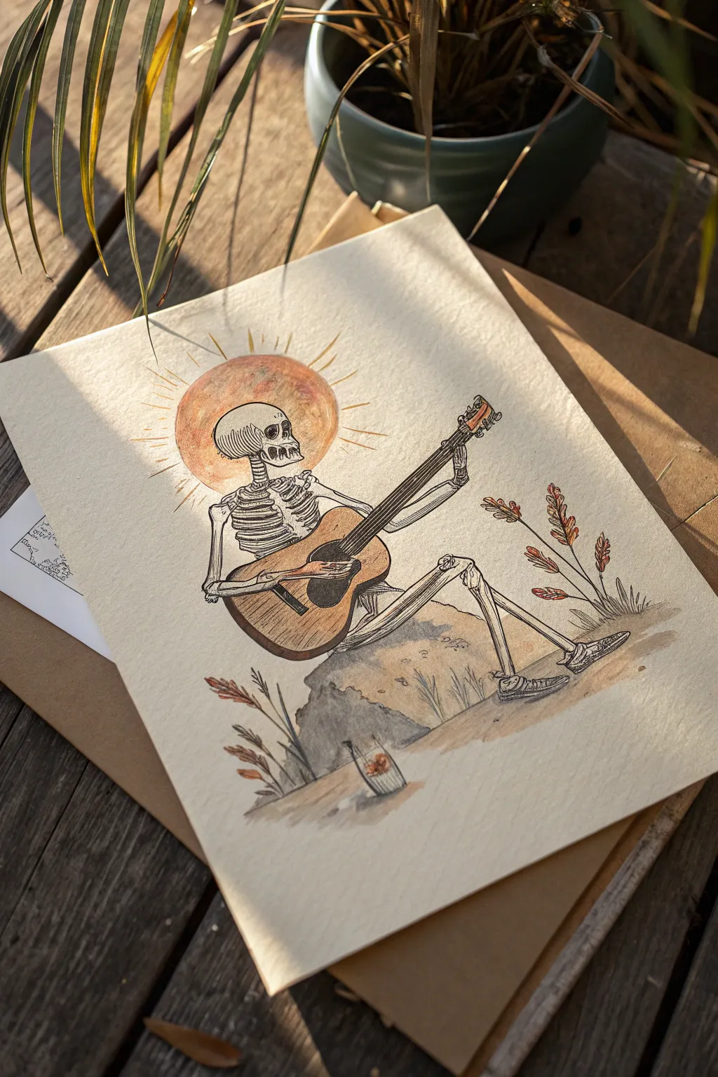 Minimalist skeleton strumming a guitar under a soft spotlight, perfect for elegant spooky boho art.