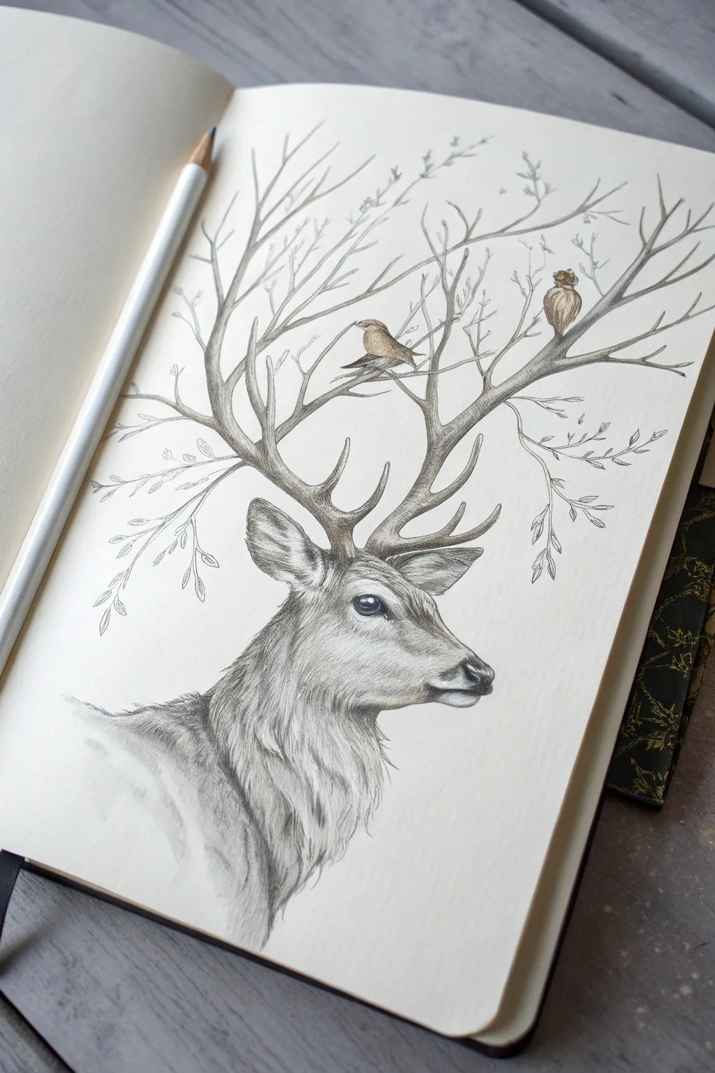 Dreamy deer sketch: branchlike antlers with tiny birds, soft shading and airy minimalist lines