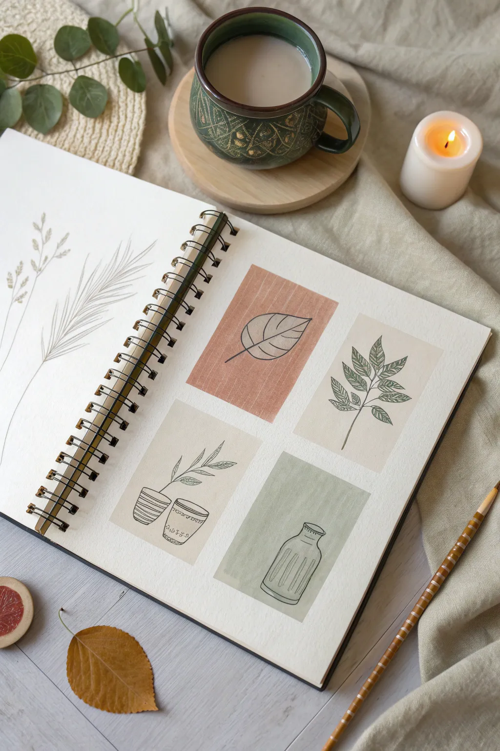 Limited palette mini series: 4–6 tiny sketches unified with terracotta, sage, and charcoal