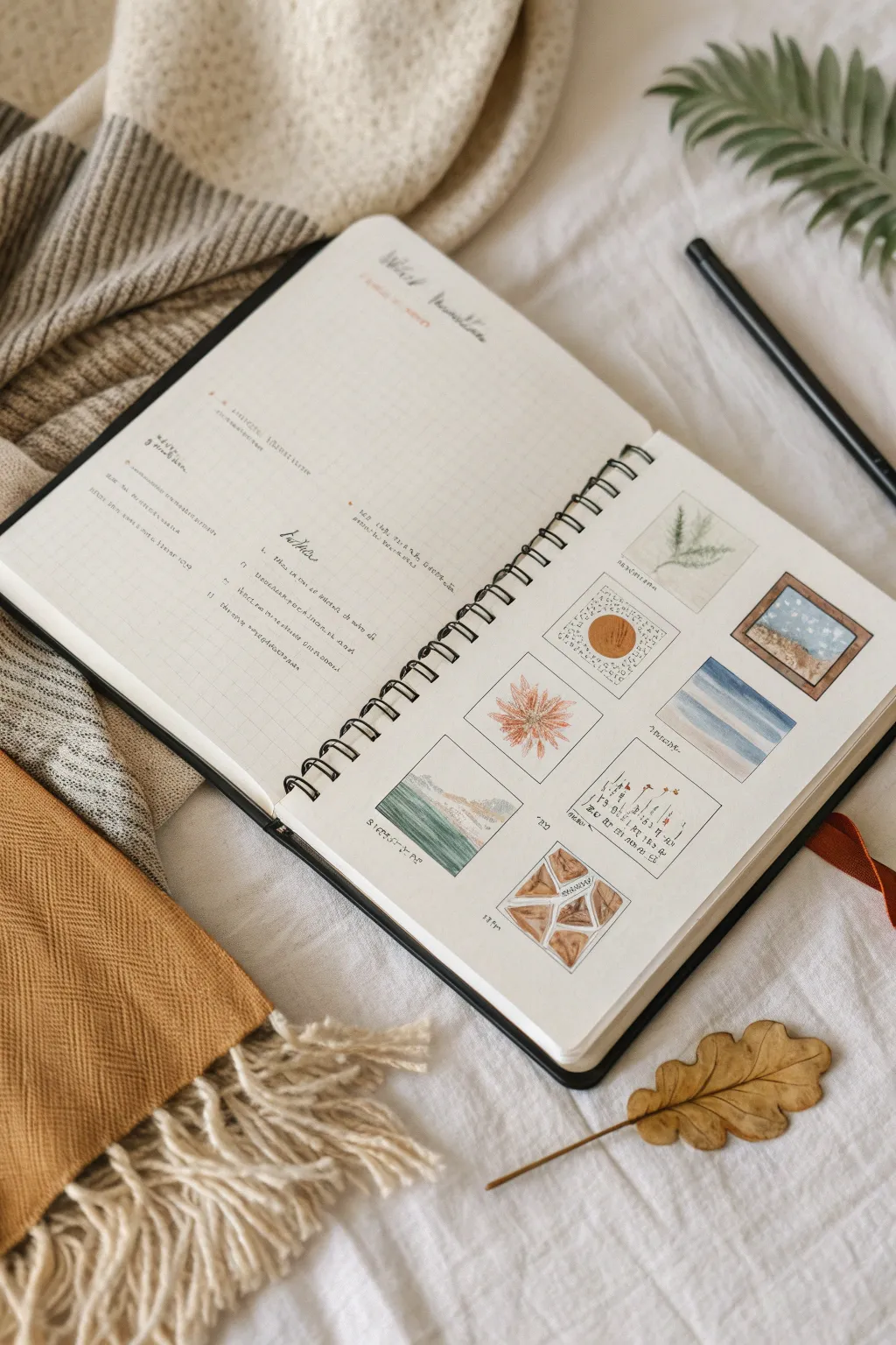 A balanced sketchbook spread with tiny paintings, simple shapes, and borders for cohesive layout