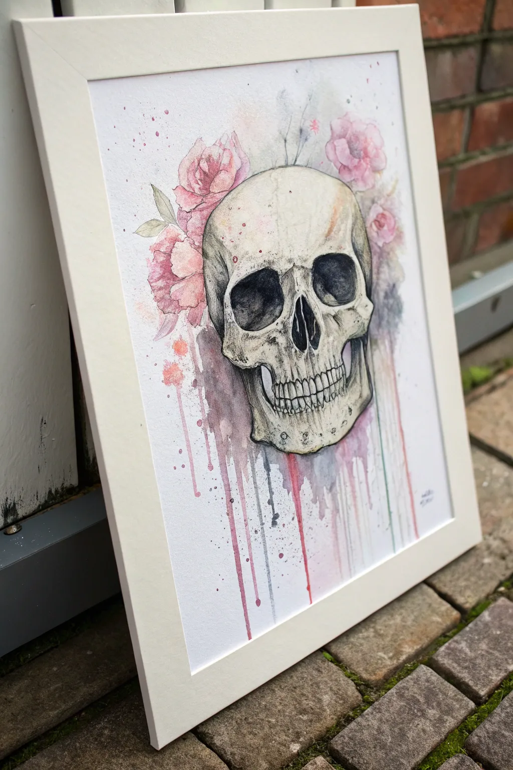 Soft watercolor blooms and drips meet crisp ink detailing in a minimalist skull artwork