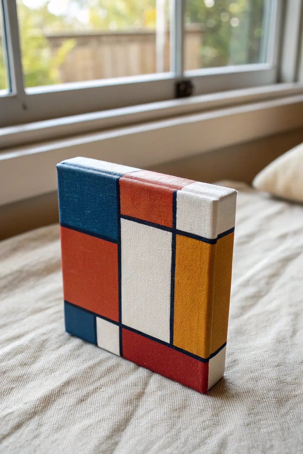 Quick abstract color-block squares on a mini canvas, bold contrast for fast acrylic sessions.
