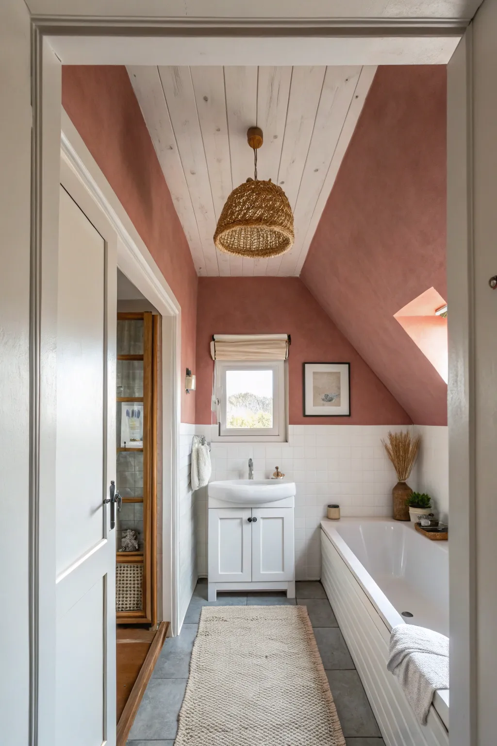 Tiny bathroom, big impact: a muted clay-pink painted ceiling against calm neutral walls.