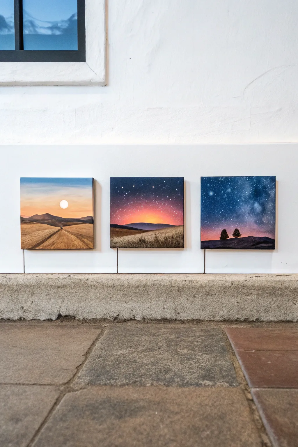 Mini triptych: paint the same landscape in day, sunset, and starry night on tiny canvases