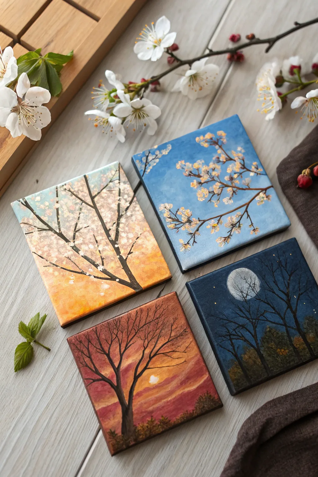 Four tiny seasonal oil paintings in a clean grid, minimal palette and cozy handmade texture