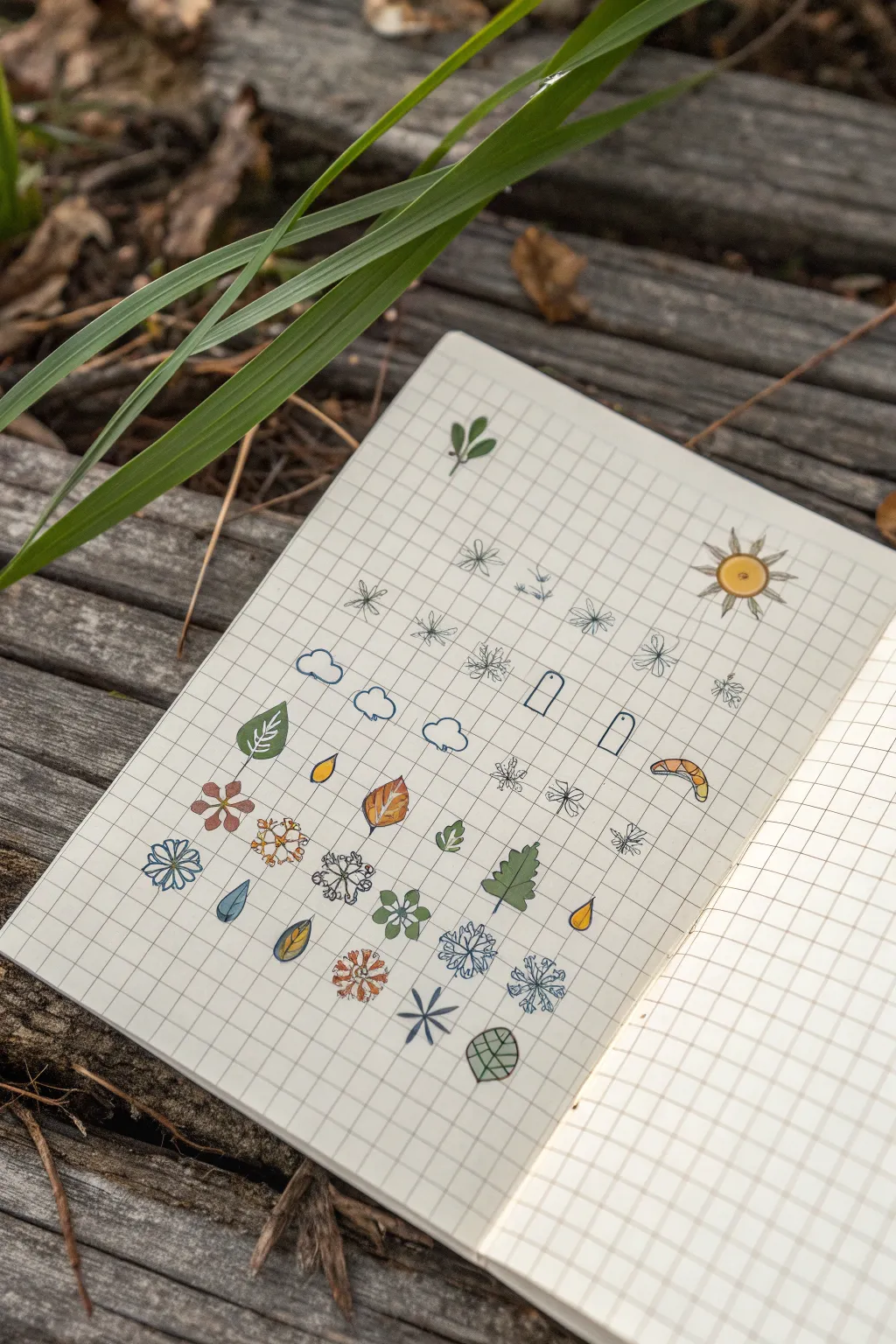 Seasonal pixel mini icons on graph paper, unified palette for a cute minimalist sticker sheet