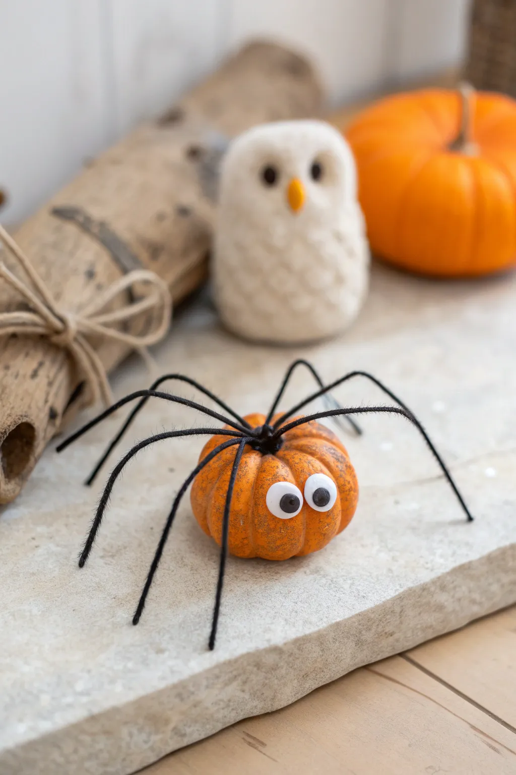 Playful mini pumpkin spider with a soft Scandinavian boho look and cozy autumn contrast.
