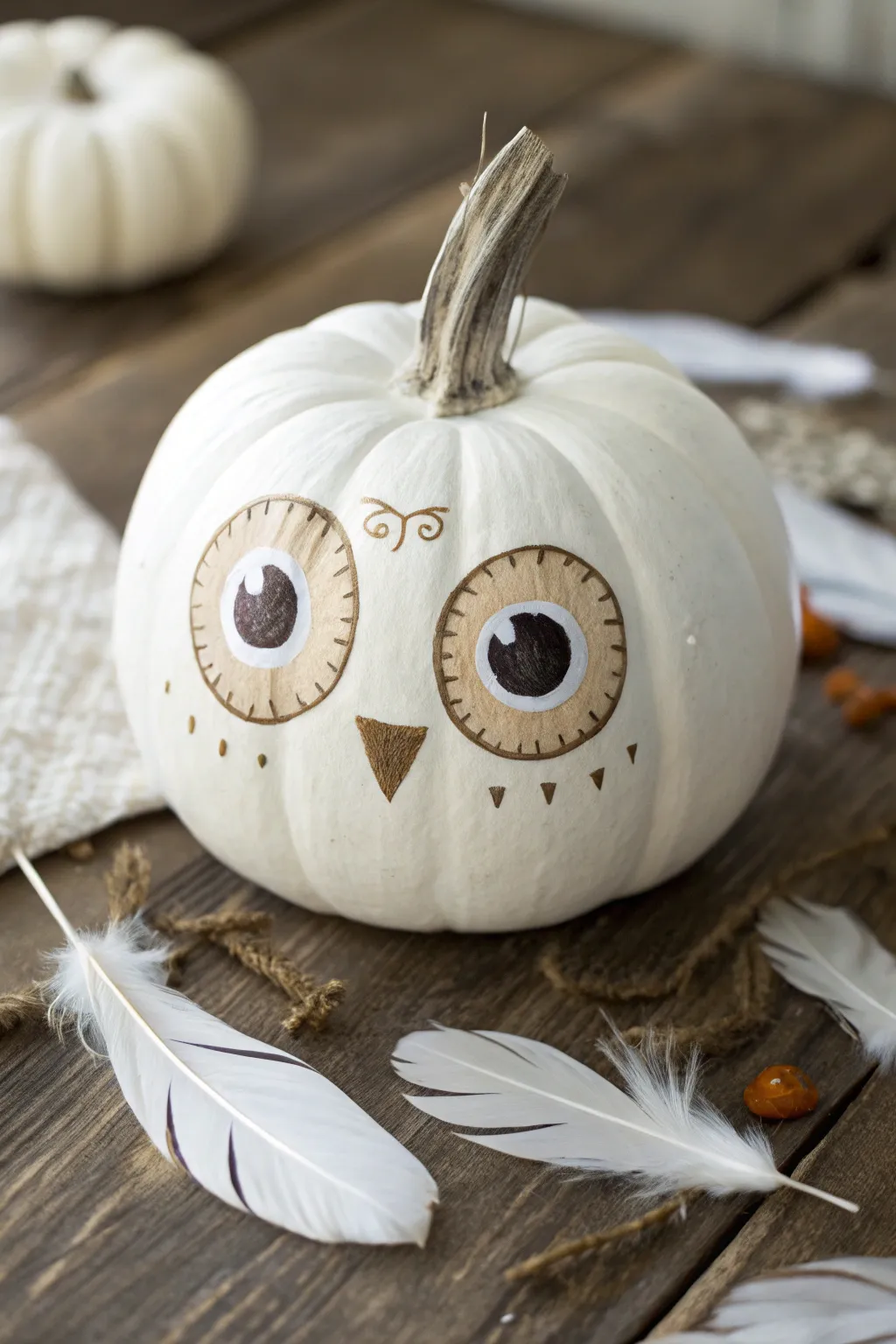 Paint a tiny white pumpkin into a minimalist owl with soft neutral shading and big eyes