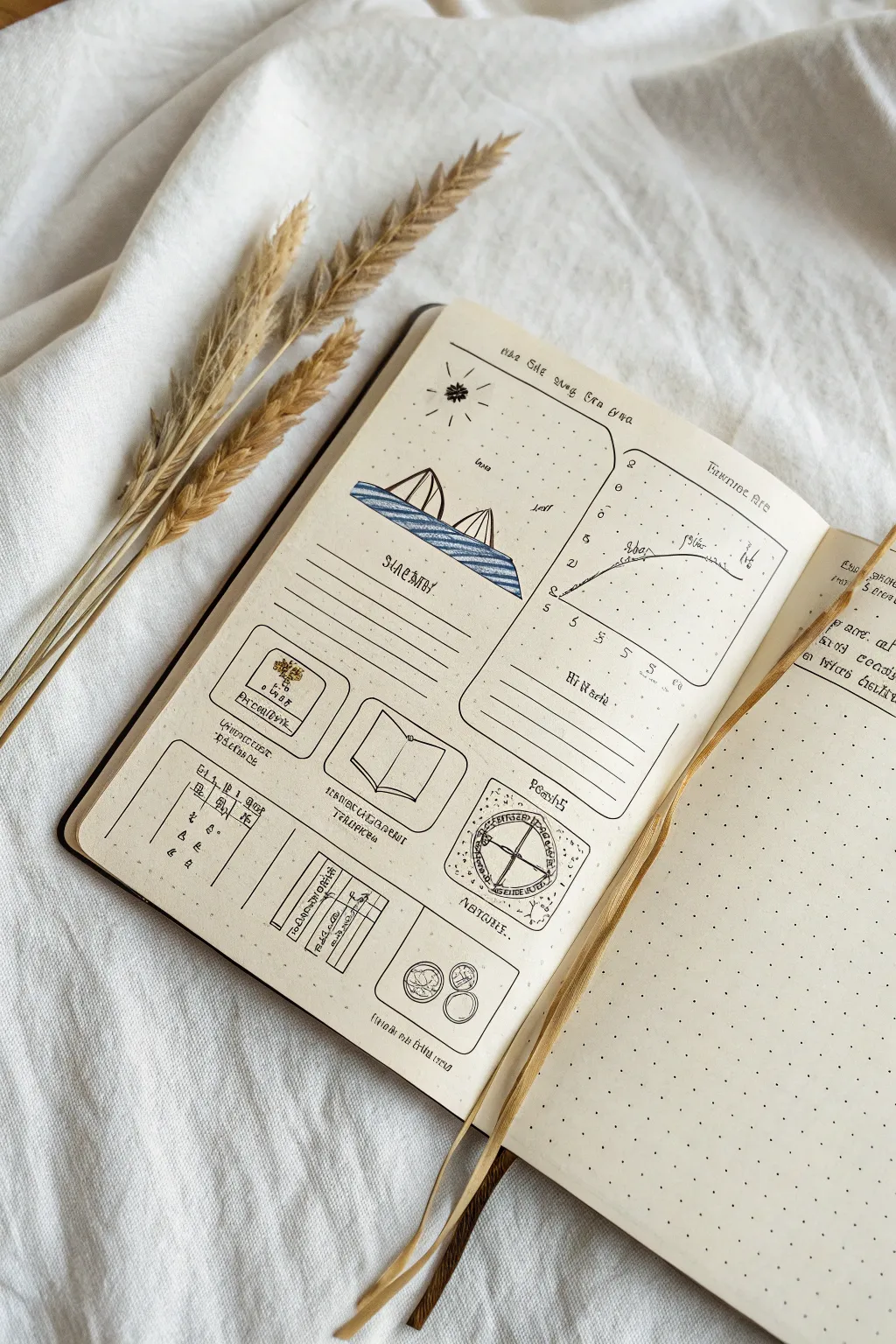 Minimalist social studies cover sketch with map, timeline, and fact bars in soft boho tones.