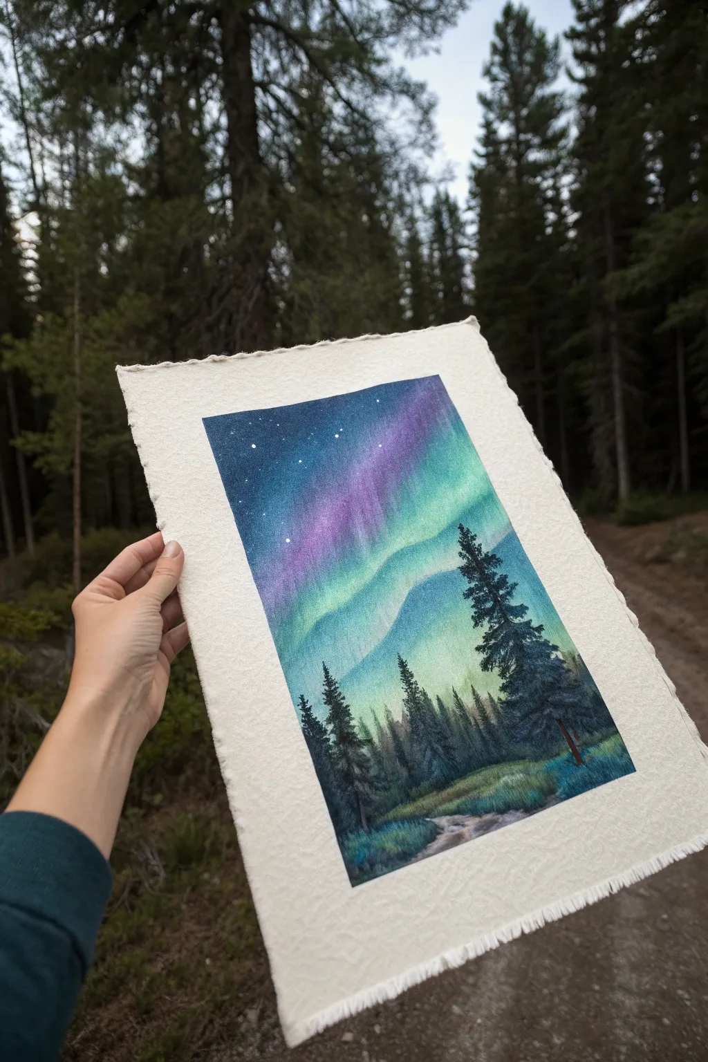 Soft pastel aurora ribbons glow across a midnight sky, finished with a pine treeline.