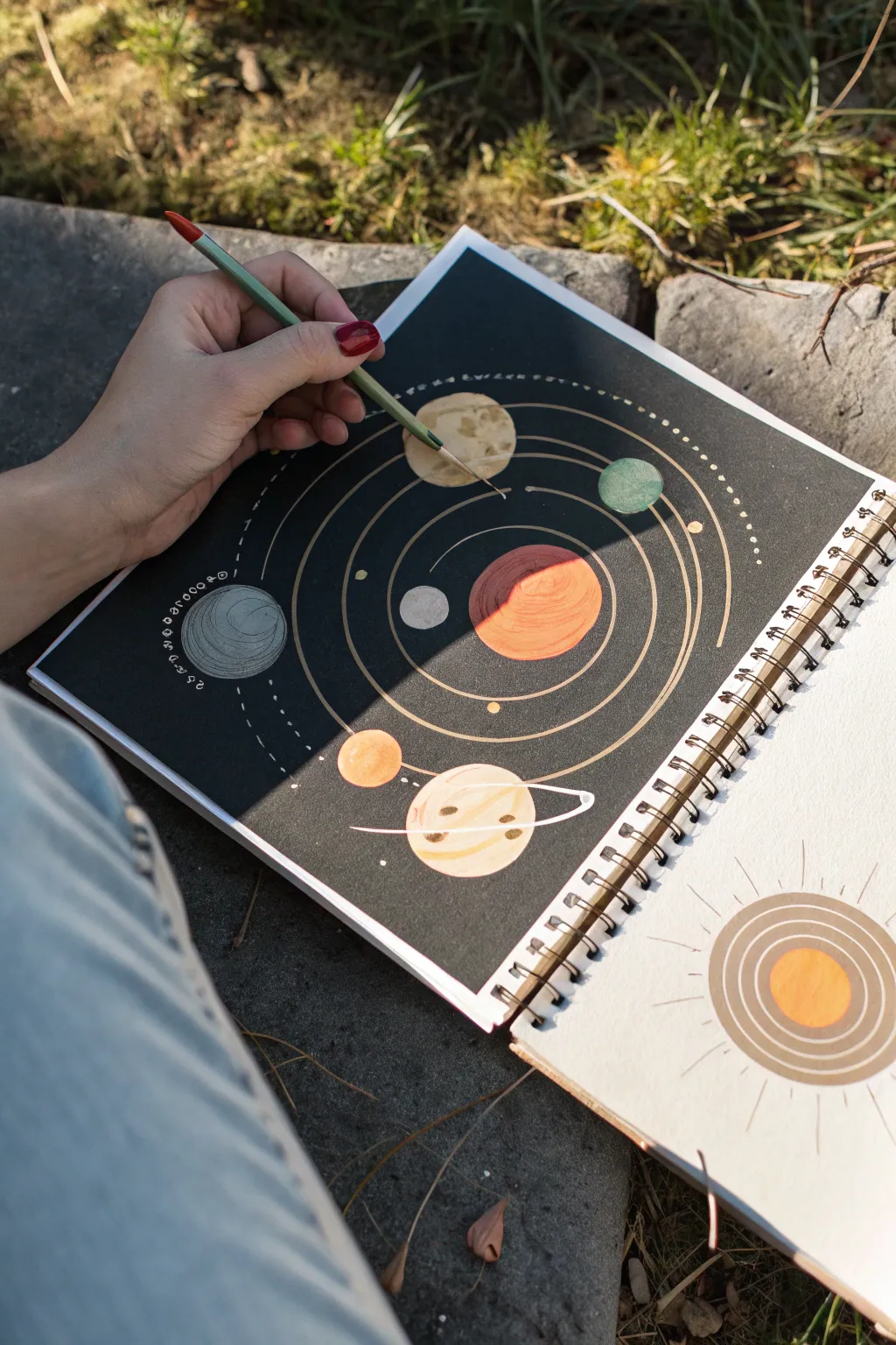 Minimal flat-graphic solar system with clean planet circles and thin orbit arcs on a matte dark page