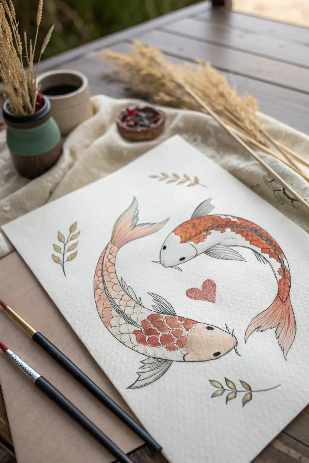 Two koi soulmates circling into a heart, minimalist watercolor and ink drawing idea with calm boho warmth