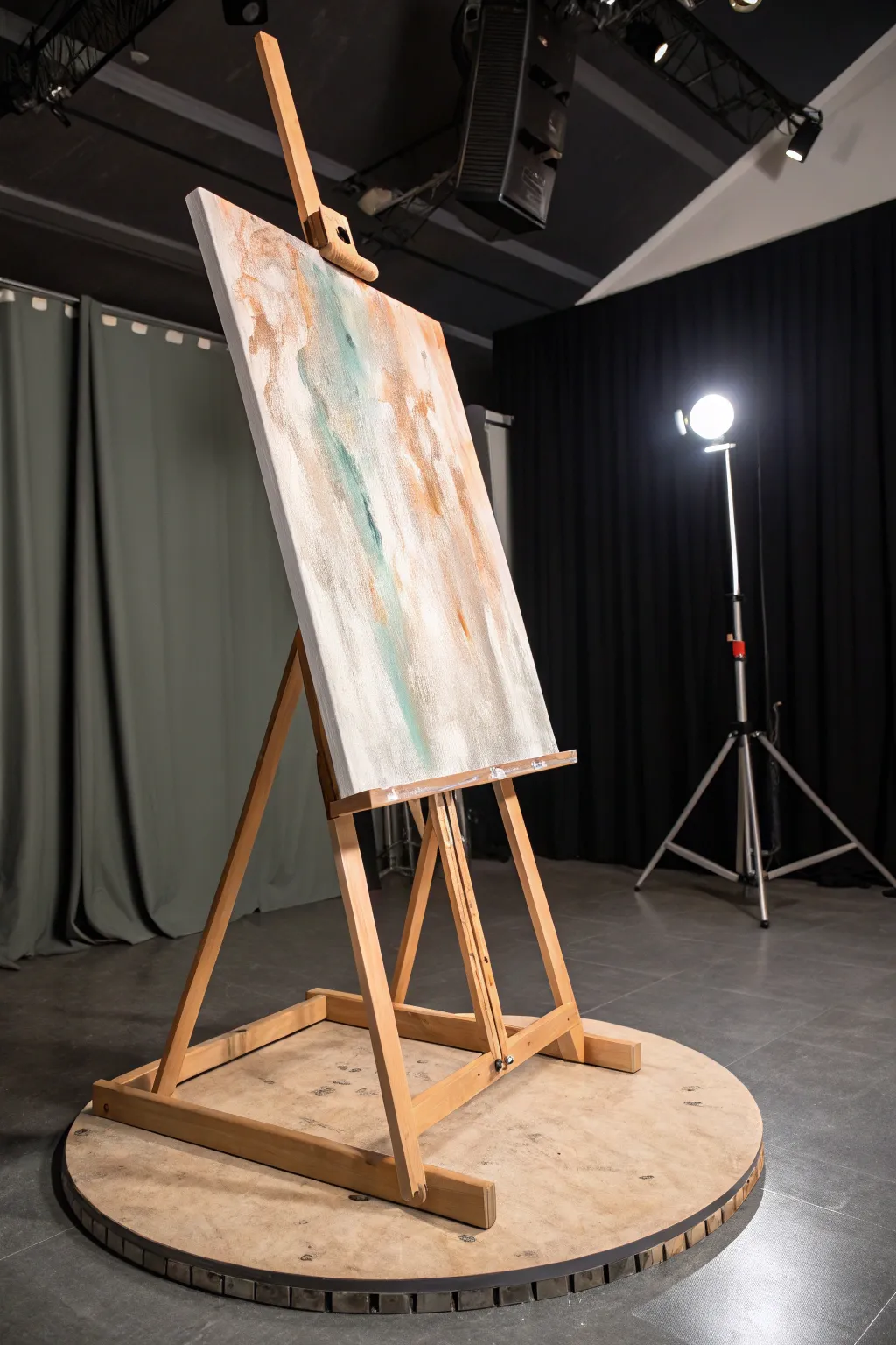 Spotlit spinning easel canvas with bold strokes made for live speed painting moments