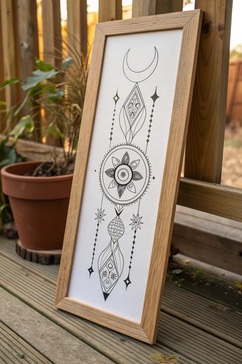 Mirror-symmetry spirit totem with moon, eye and lotus, clean minimal lines for drawing practice