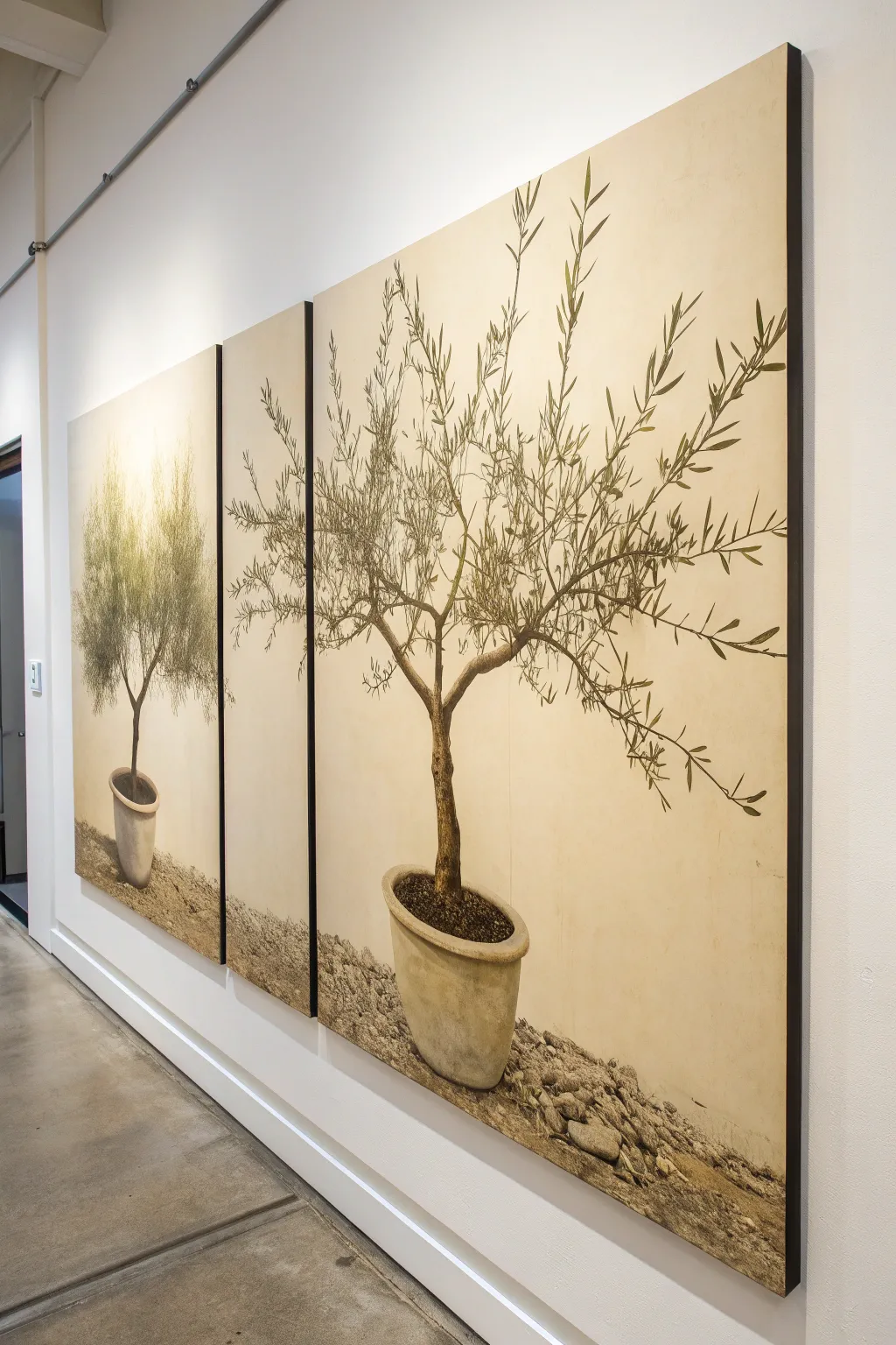 Triptych plant split painting with connected contour lines and gentle viewpoint shifts across panels