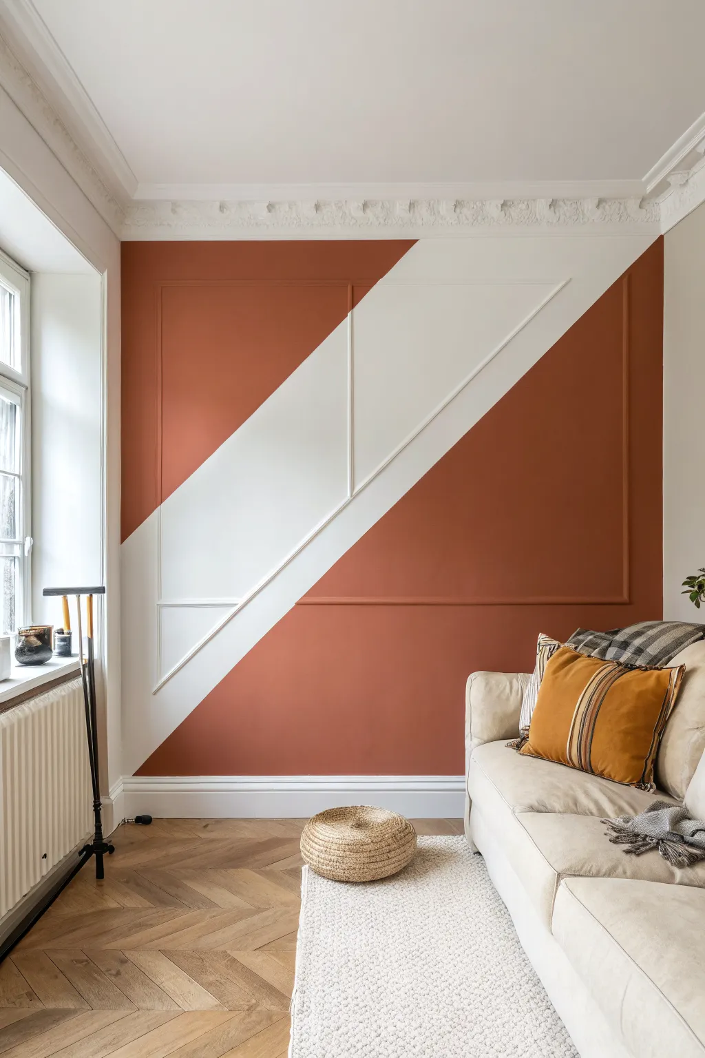 Bold diagonal split wall paint for instant movement, softened with Scandinavian minimal and boho warmth