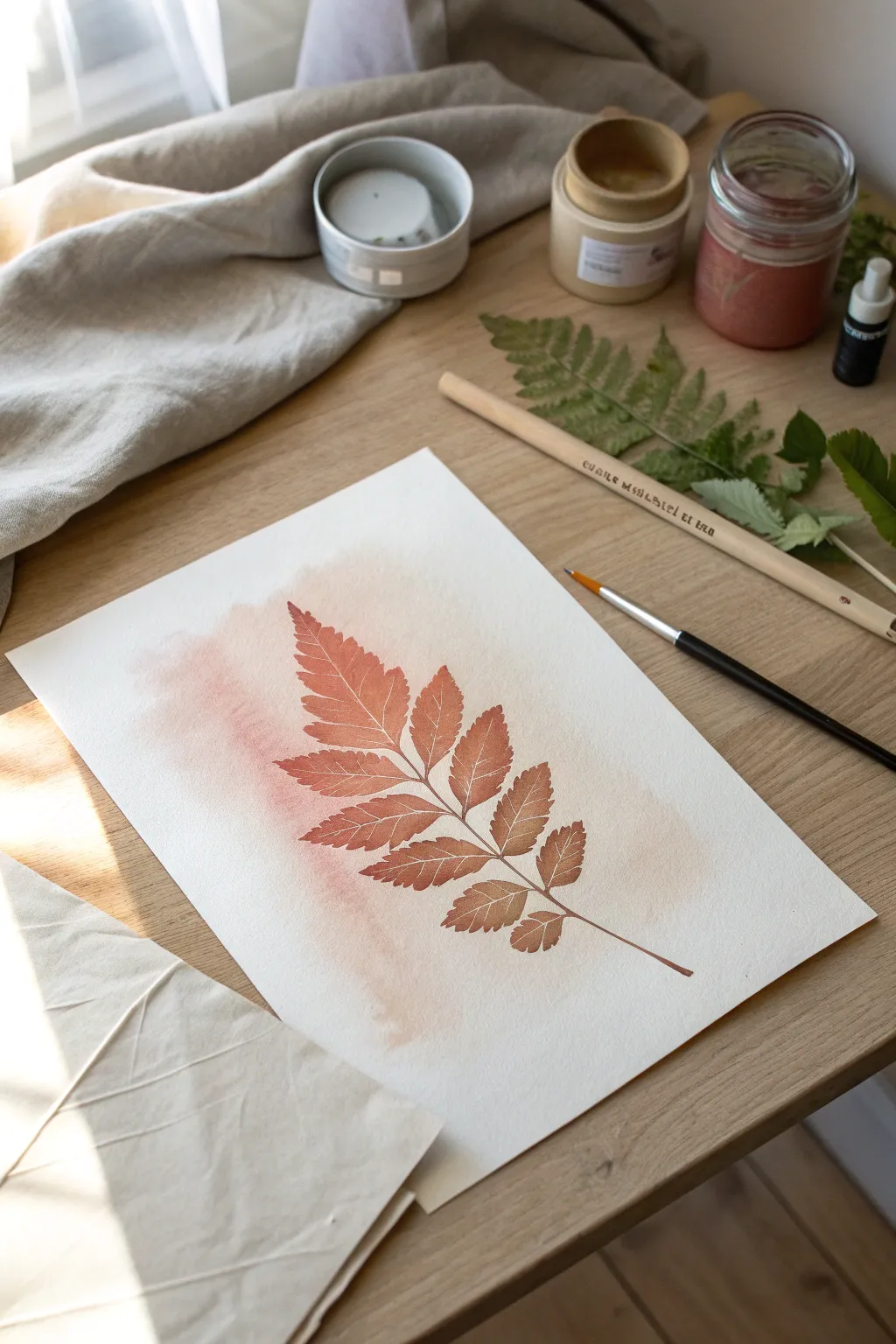 Reverse stencil glow: a taped leaf mask with a soft spray painted halo on minimalist paper.