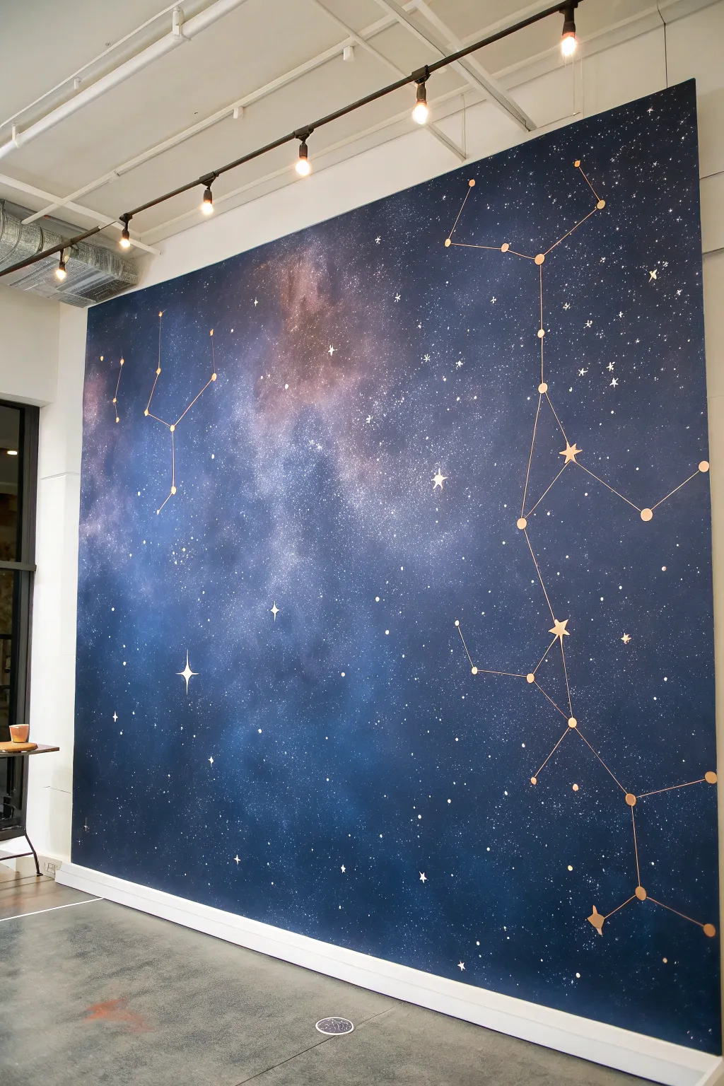 Deep night-sky constellation mural with tiny stars and subtle metallic sparkle for modern boho vibes