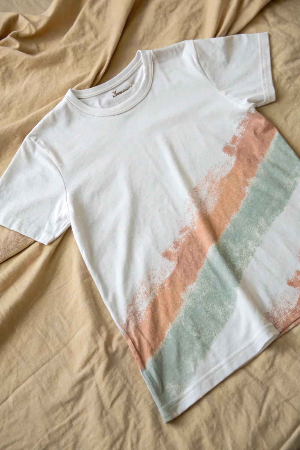 Minimalist spray-painted tee with crisp masked string lines for modern abstract linework.