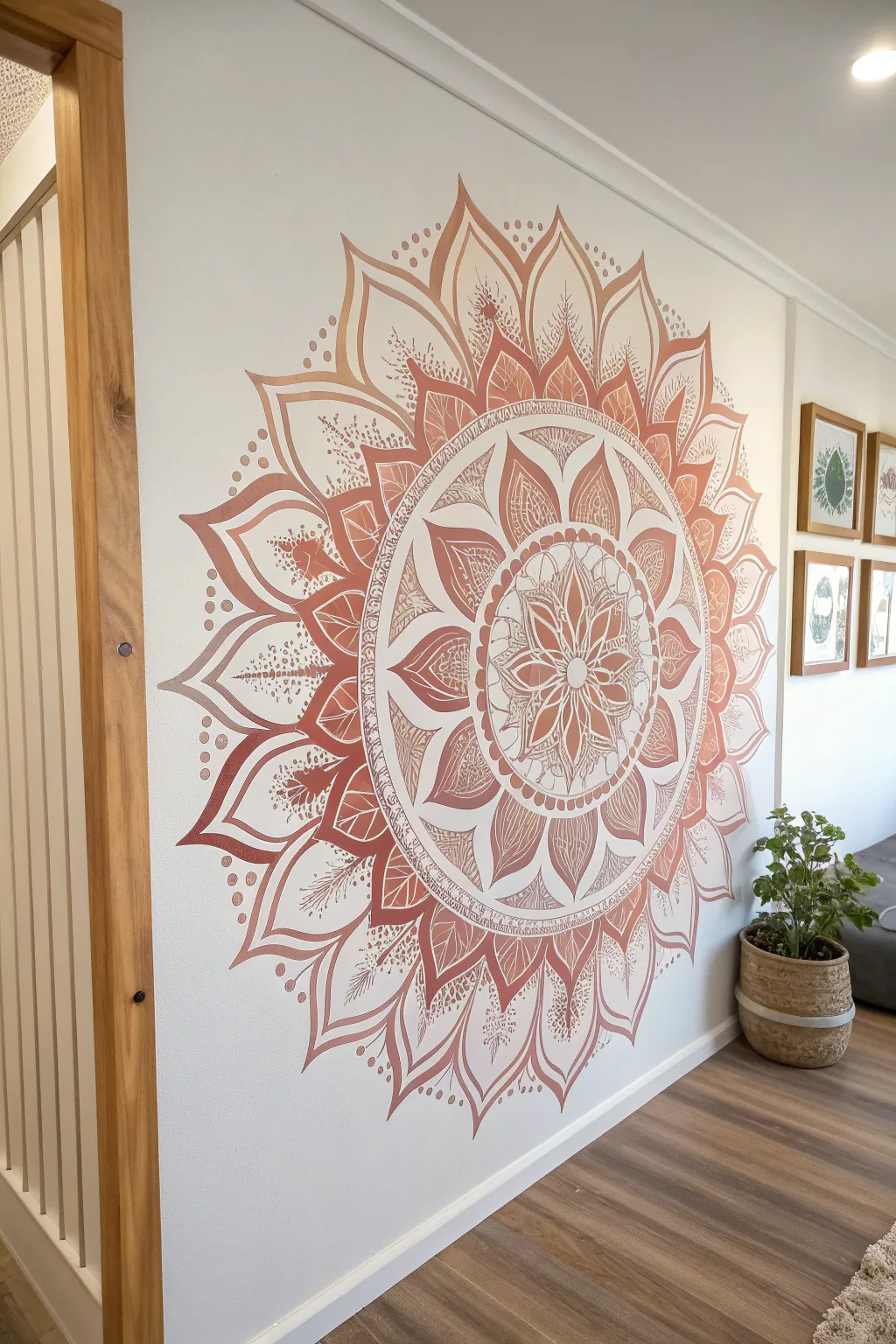 Layered mandala stencil spray art that turns a blank wall into a calm boho centerpiece