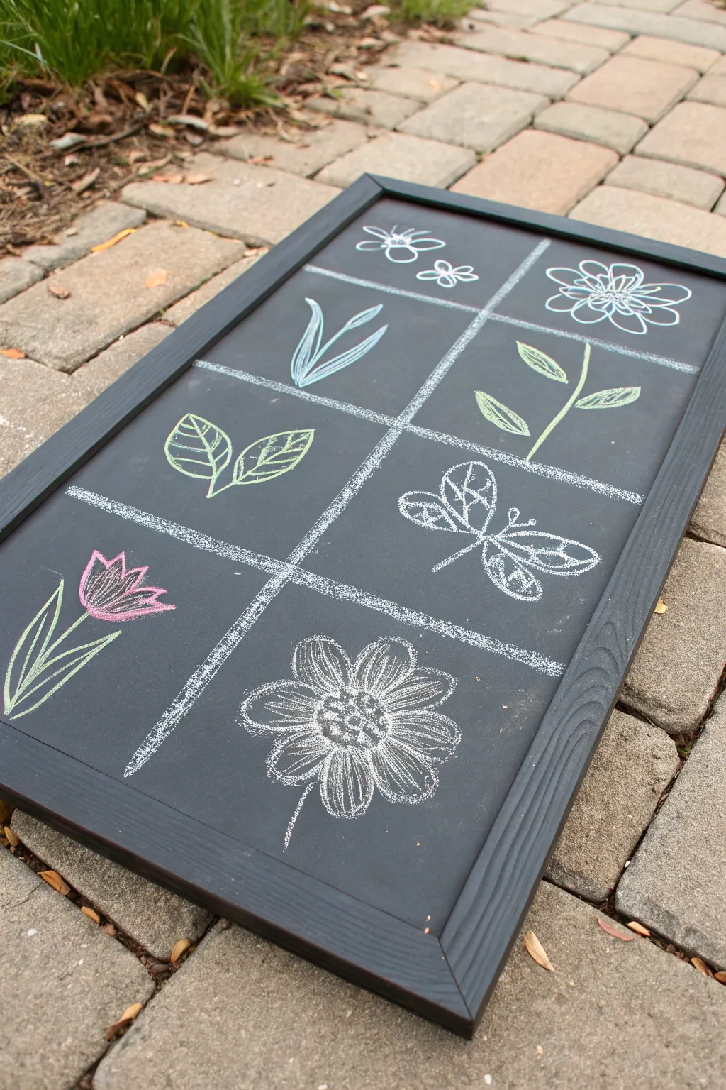 Mini spring chalk doodle grid: tulip, daffodil, leaf, bee, butterfly, and raindrop practice.