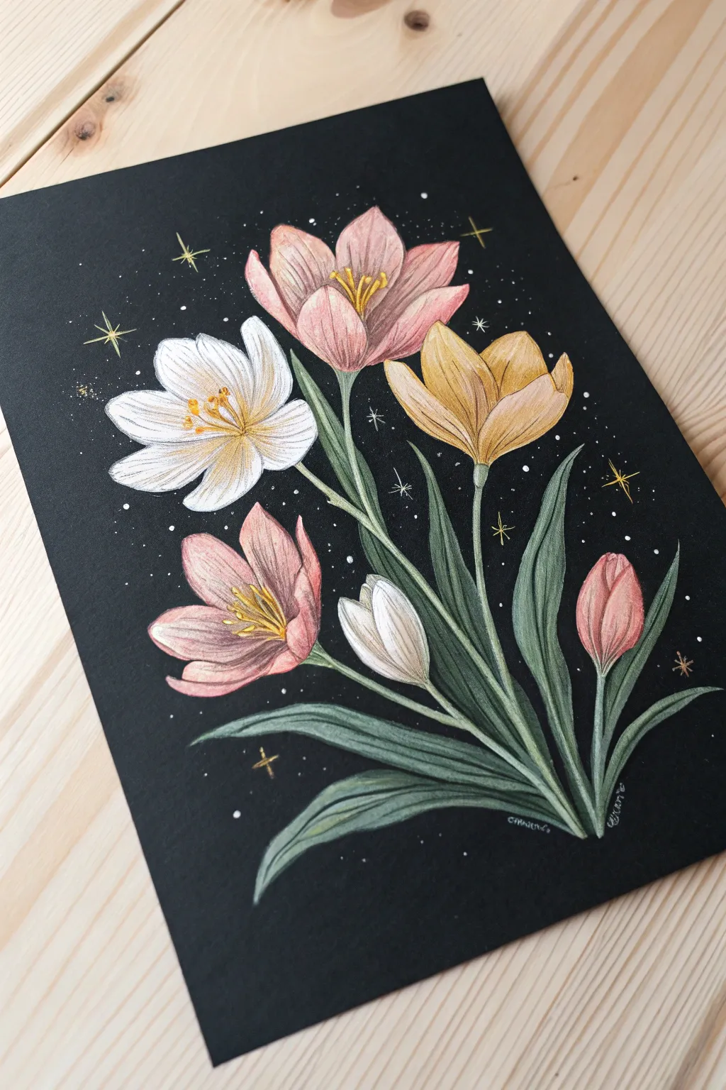 Moody dark-paper florals with glowing highlights, a quiet spring garden after sunset.