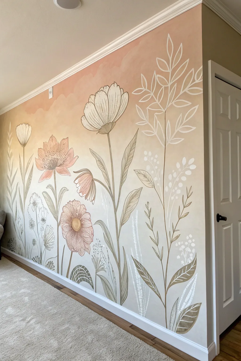 Dreamy pastel chalk garden mural for early spring vibes, minimalist and softly boho